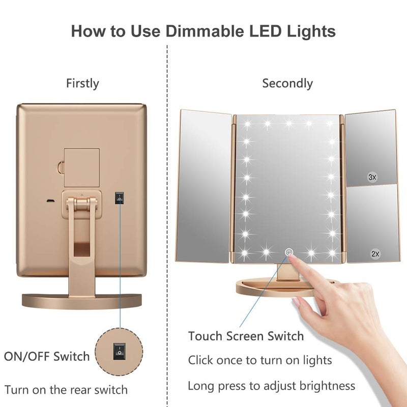 WEILY Makeup Mirror with 21 LED Lights,Two Power Supply Modes, Adjustable Touch Screen and 1x/2x/3x Magnification Tri-Fold Vanity Mirror,Chargeable Travel Cosmetic Mirror for Desktop(Gold) - Image 5